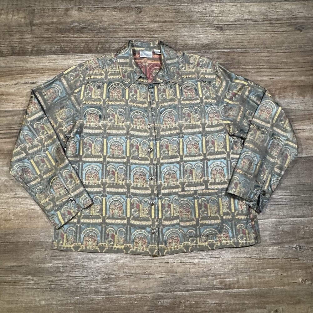 Chico’s Silk Rayon Tapestry Jacket Size 1 M Roman Arch Old Masters Art Print